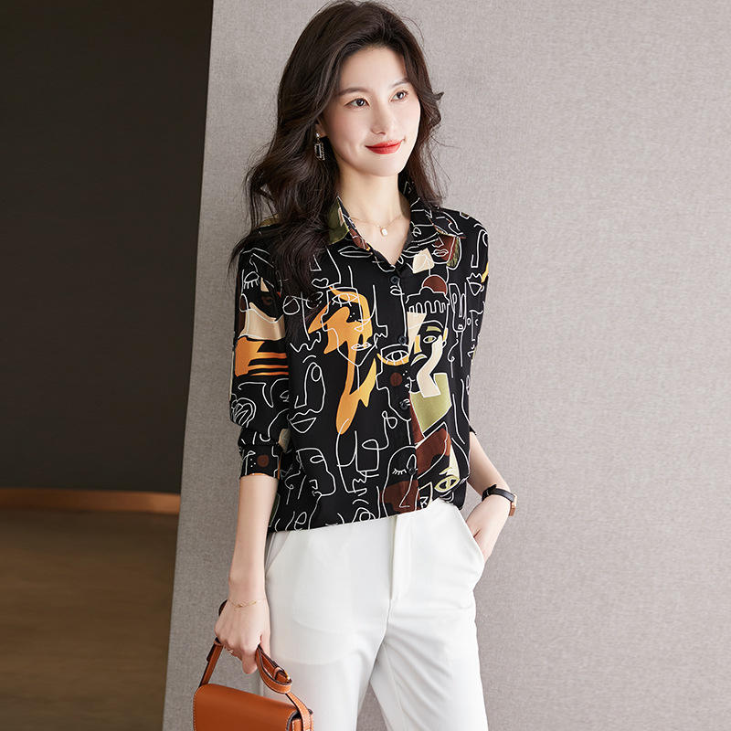 Summer Women Shirt 3D Abstract Line Face Digital Print Long Sleeve Shirt Women Fashion Large Size Lapel Button Down Shirt