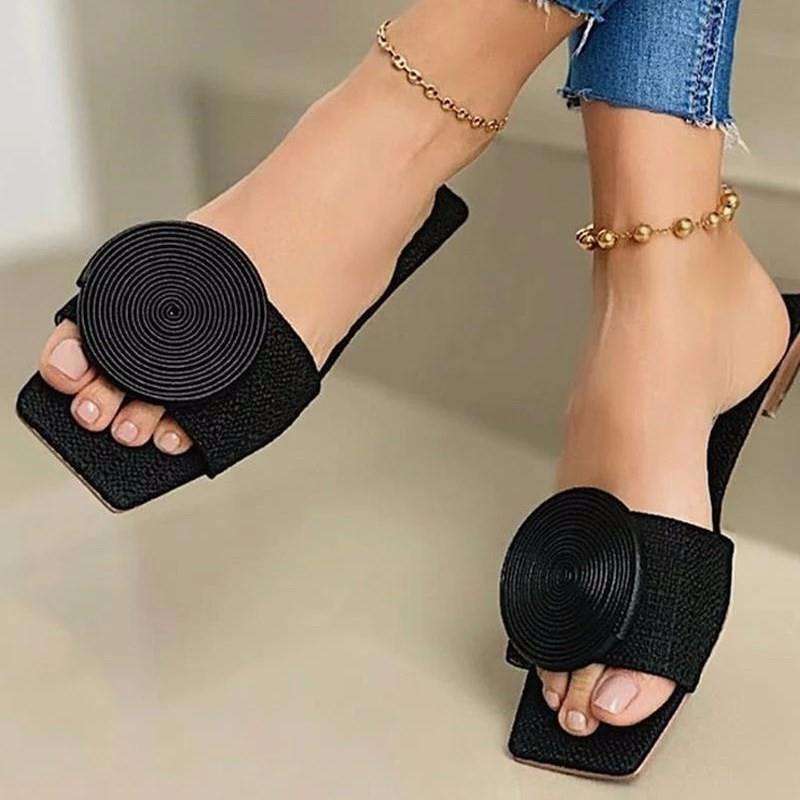 Women's Outdoor Casual Sandals Square Toe Flat Heel Round Disk Décor Daily Wear Beach Slippers for Women - Natalia Home Fashion