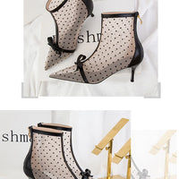 Fashion Women Ankle Boots Pointed Toe Short Pointed Toe Bow Design Thin Low Heels Back Zipper Fashion Boots Air Mesh Boots