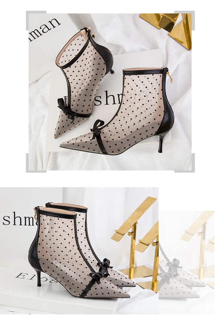 Fashion Women Ankle Boots Pointed Toe Short Pointed Toe Bow Design Thin Low Heels Back Zipper Fashion Boots Air Mesh Boots