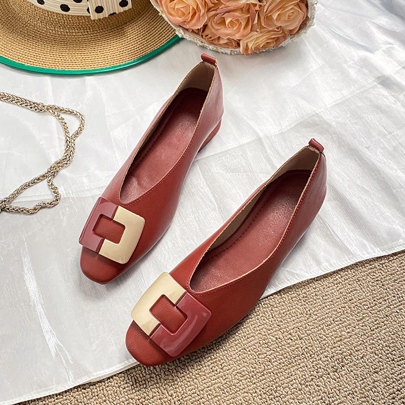 Woman Square Toe Low Heeled Metal Decoration Red Mary Janes Cute Casual Ballerina Female Flats Elegant Soft Soled Flat Shoes
