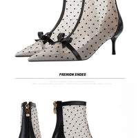 Fashion Women Ankle Boots Pointed Toe Short Pointed Toe Bow Design Thin Low Heels Back Zipper Fashion Boots Air Mesh Boots