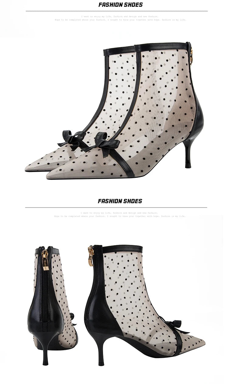 Fashion Women Ankle Boots Pointed Toe Short Pointed Toe Bow Design Thin Low Heels Back Zipper Fashion Boots Air Mesh Boots
