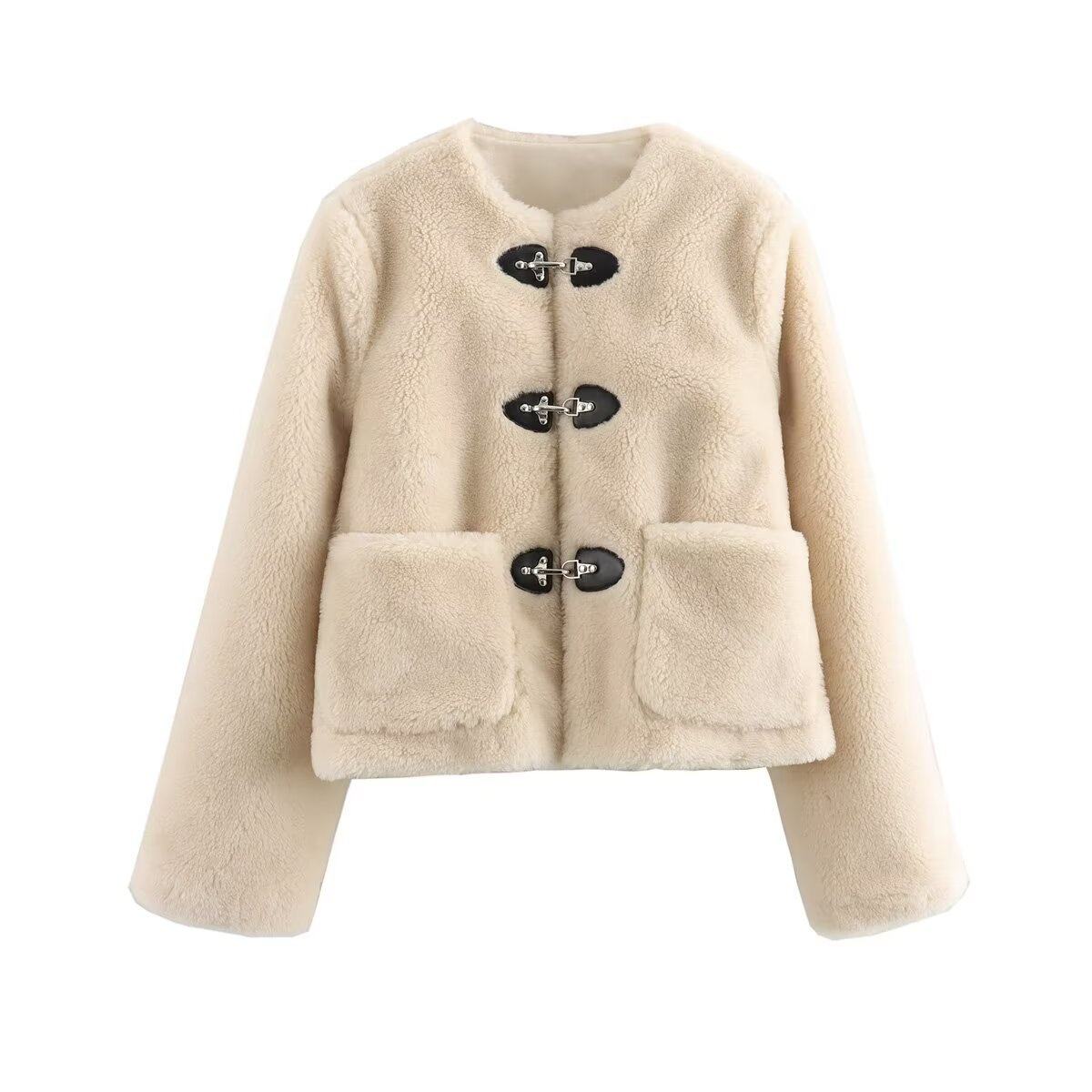Solid Spring Buckle Fleece Jacket Winter Round Neck Fashion Faux Fur Coats for Ladies Natalia Home Fashion    Natalia Home Fashion