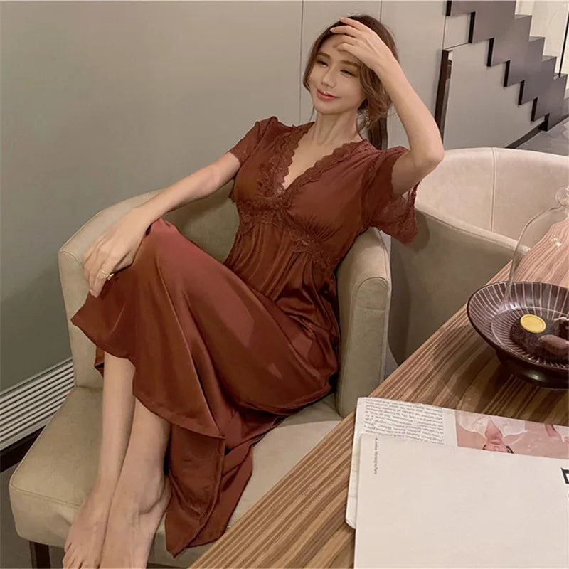 Satin Night Dress Women Sleepwear With Bras Long Lace Nightgown Short Sleeve Sleep dress Loose Intimate Lingerie Nightwear