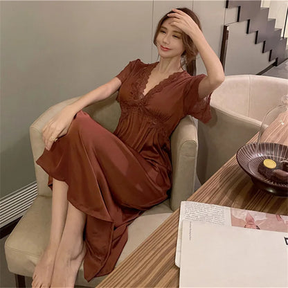 Satin Night Dress Women Sleepwear With Bras Long Lace Nightgown Short Sleeve Sleep dress Loose Intimate Lingerie Nightwear - Natalia Home Fashion