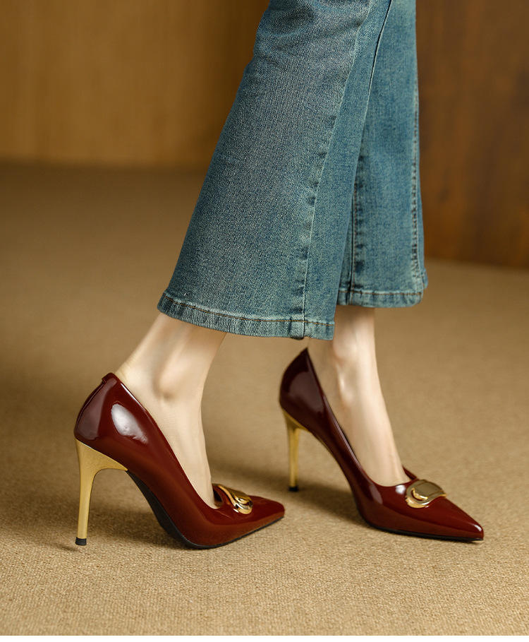 French Style Single Shoes Spring Women Pumps New Pointed Toe Shallow Mouth Metallic Buckle Commuting Shoes Stiletto Single Shoes