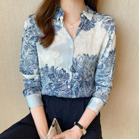 French Printed Lapel Shirt Long Sleeve Loose Mulberry Silk Top Temperament Commuting Shirt Women's Summer Style