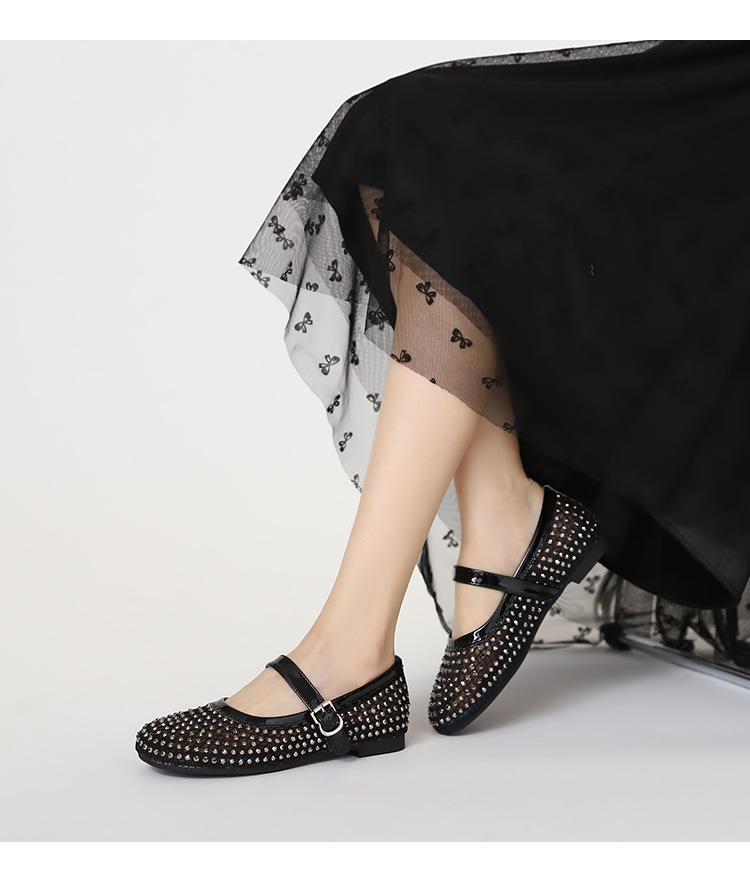 French-style rhinestone mesh Mary Jane shoes, breathable shallow single shoes, fairy-style soft-soled flat shoes
