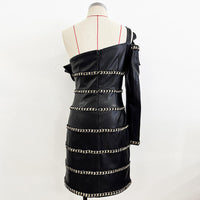 Elegant Socialite Fashion New Heavy Chain Three-Dimensional Ruffle Off-Shoulder Leather Dress Sexy Mini Dress