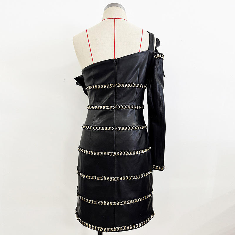 Elegant Socialite Fashion New Heavy Chain Three-Dimensional Ruffle Off-Shoulder Leather Dress Sexy Mini Dress