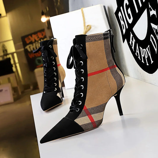 Ankle Women Boots Fashion Slim Heel High Heel Pointed Plaid Plaid Lace up Fashion Cross Strapping Boots