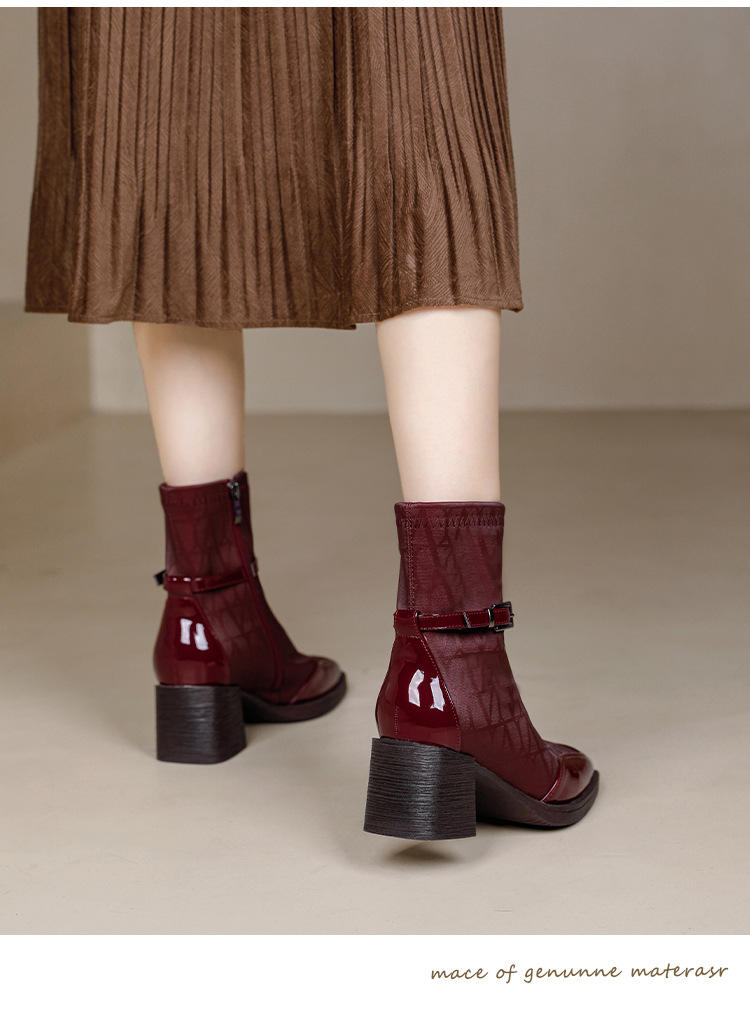 Women's Side Zipper Boot High Heel Short Boot Winter Mid-Calf Boot Chinese Style National Wedding Boot