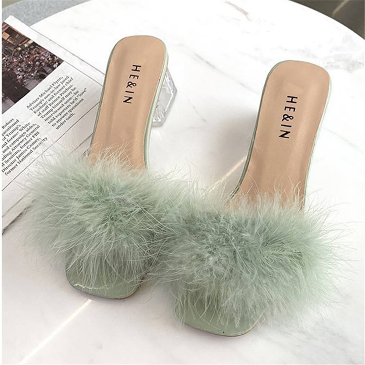 Fluffy Peep Toe Sexy High Heels Women Shoes Fur Feather Lady Fashion Wedding Slip-On Square Toe Women Sandals Natalia Home Fashion    Natalia Home Fashion