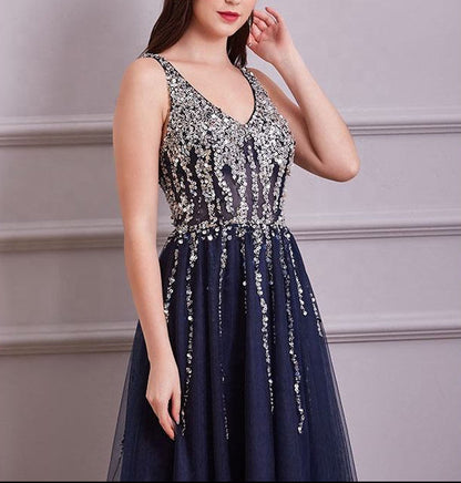 Evening Dress Luxury A-Line  Thin Straps Crystal Beaded Open Back formal Floor Length ball Gown Natalia Home Fashion    Natalia Home Fashion