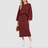 Women's clothing 2-piece set, fashionable twist rope long skirt + crew neck sweater two-piece set Natalia Home Fashion    Natalia Home Fashion