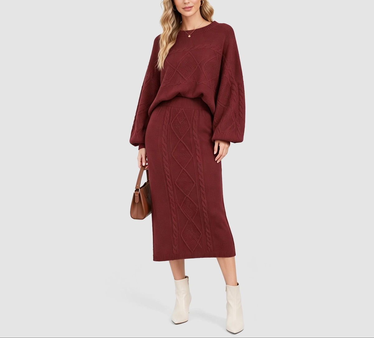 Women's clothing 2-piece set, fashionable twist rope long skirt + crew neck sweater two-piece set Natalia Home Fashion    Natalia Home Fashion