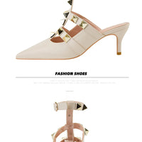 Female Rivets T-strap Sandals Pointy Toe Soft Leather Sexy Women Shoes Comfort 6CM High Heels Ladies Work Dress Shoe