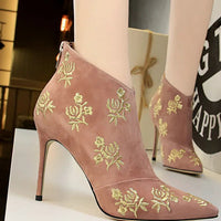 Ankle Length Flock Boots Women Fashion Pointed Toe High Heel Shoes Ankle Boots Embroider Design Ladies Shoes