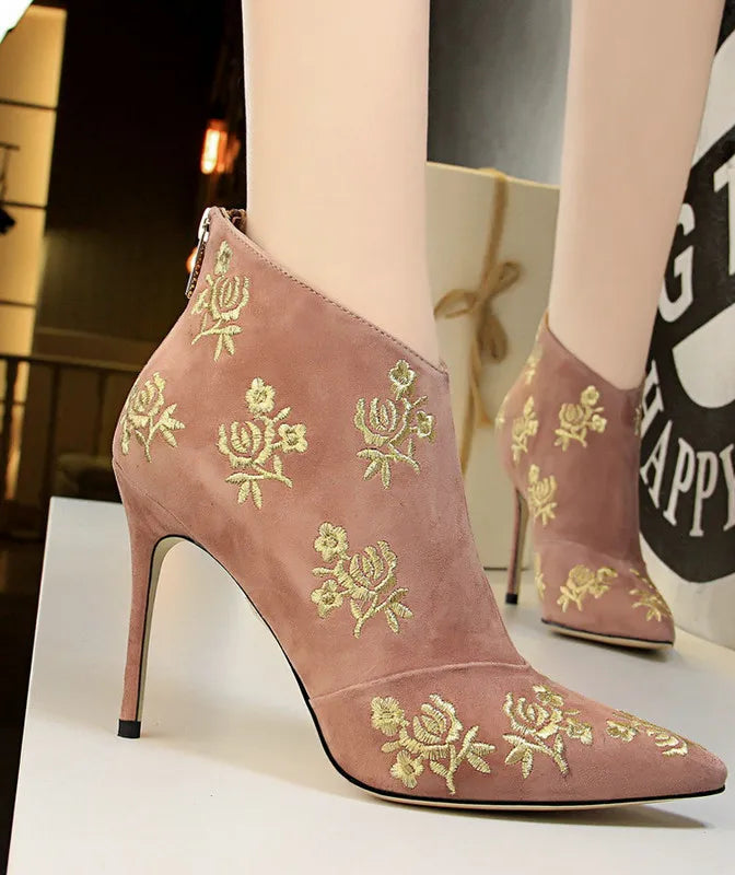 Ankle Length Flock Boots Women Fashion Pointed Toe High Heel Shoes Ankle Boots Embroider Design Ladies Shoes