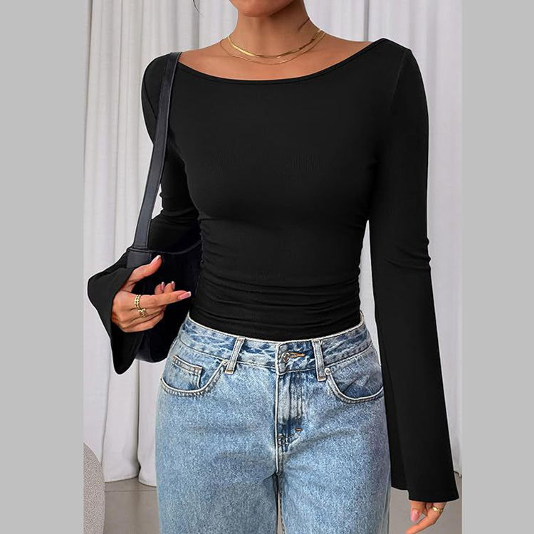 Solid Color Boat Collar Flared Sleeve T-shirt for Women Slim Fit Pleated Slim Top Long Sleeves Natalia Home Fashion    Natalia Home Fashion