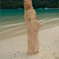Chiffon Floral 2 Pc Bikini Set Long Sleeve Backless Crop Tops Women Transparent Bodycon Skirts Sexy Beach Casual