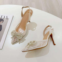 New Fashion Pearl Bowknot Mesh Pointed Toe White High Heels Sling back Sandal Sexy Back Buckle Strap Shoes Women Pumps