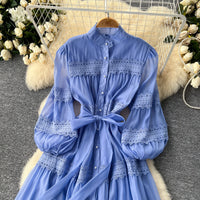 Elegant Hollow Out Organza Long Maxi Dresses Shirt Women  Layer Ruffle Full Sleeve Pearl Evening Party Dress