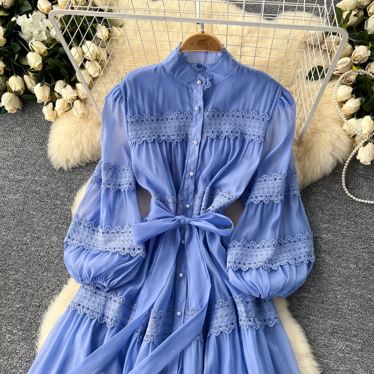 Elegant Hollow Out Organza Long Maxi Dresses Shirt Women  Layer Ruffle Full Sleeve Pearl Evening Party Dress