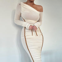 Women Two Layer Mesh Backless Ruched bodycon dress Club Party Sexy Long Dress Diagonal Collar Long Sleeve Midi Dress