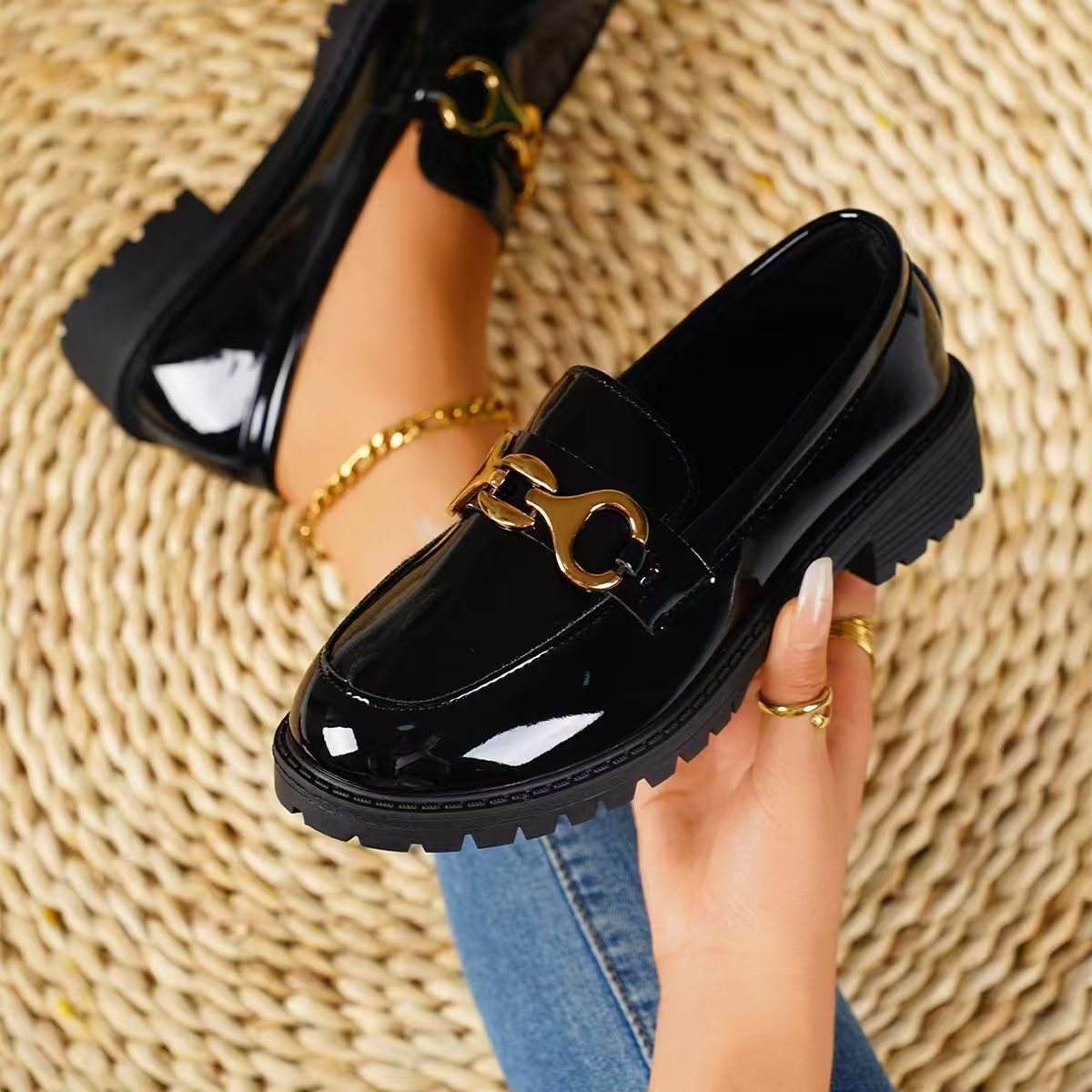 Women's Mary Jane Platform Shoes Round  Head Spring New Metal Chain Casual Soft Patent Leather Slip on Loafers