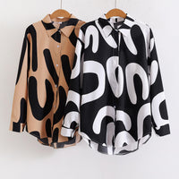Elegant Casual Abstract Print Shirt for Women Turn-down Collar long Sleeve Loose Slimming Versatile Blouse