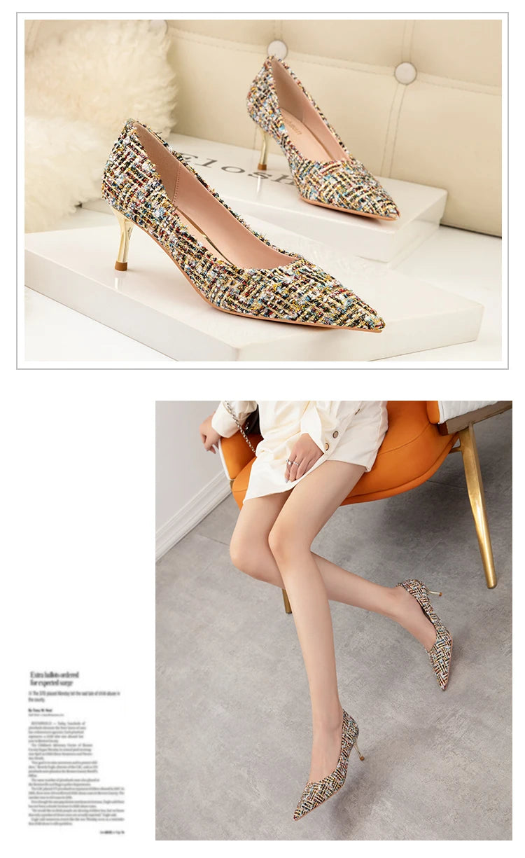 Simple Style New Fashion Sexy Wild Stiletto Metal Heels Pointed Toe Shallow Slim Bling Wedding Women Dress Pumps Shoes