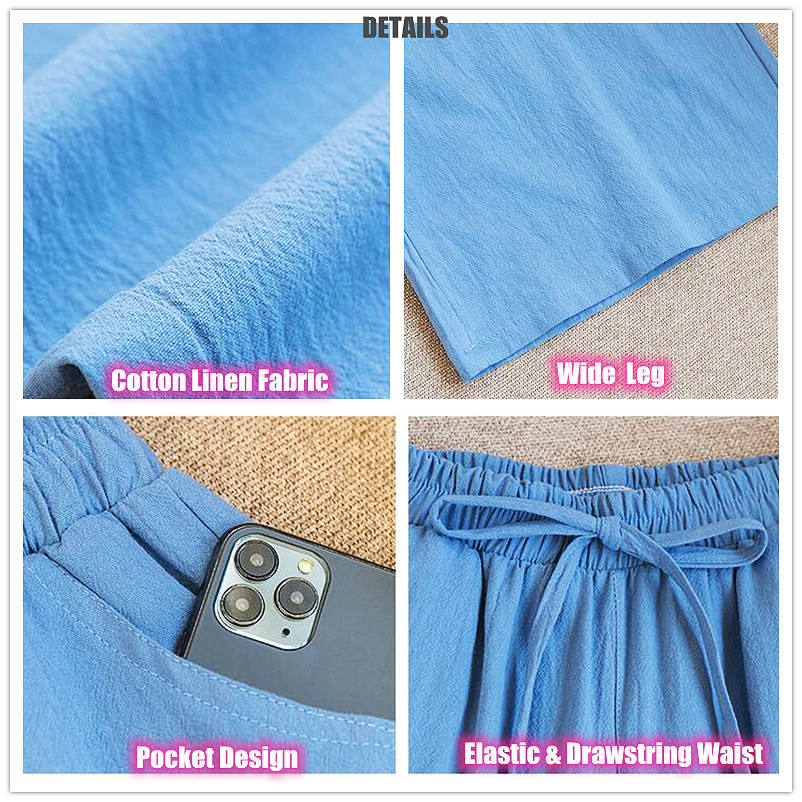 Casual Baggy Wide Leg Trousers Women Summer Thin Comfy Breathable Ankle Length Pants Vintage Loose Cotton Linen Straight Pants