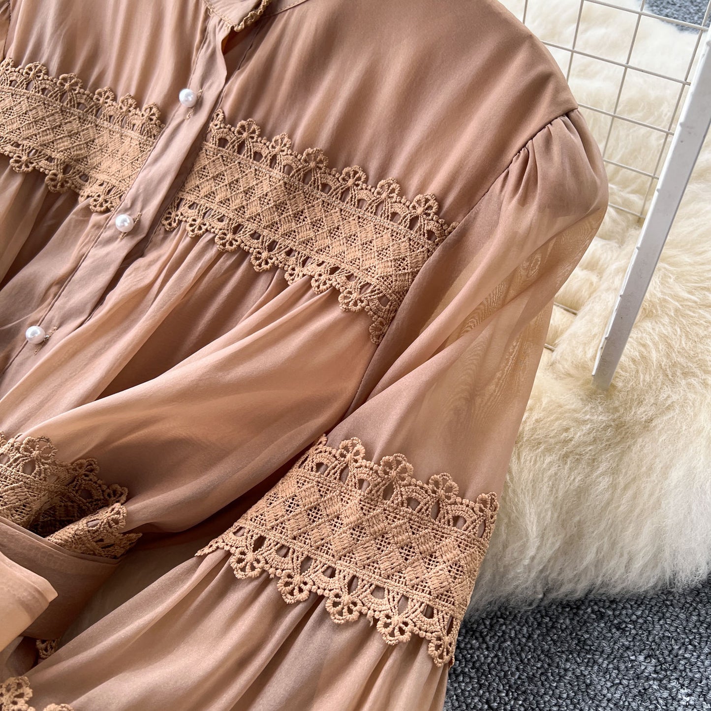 Elegant Hollow Out Organza Long Maxi Dresses Shirt Women  Layer Ruffle Full Sleeve Pearl Evening Party Dress