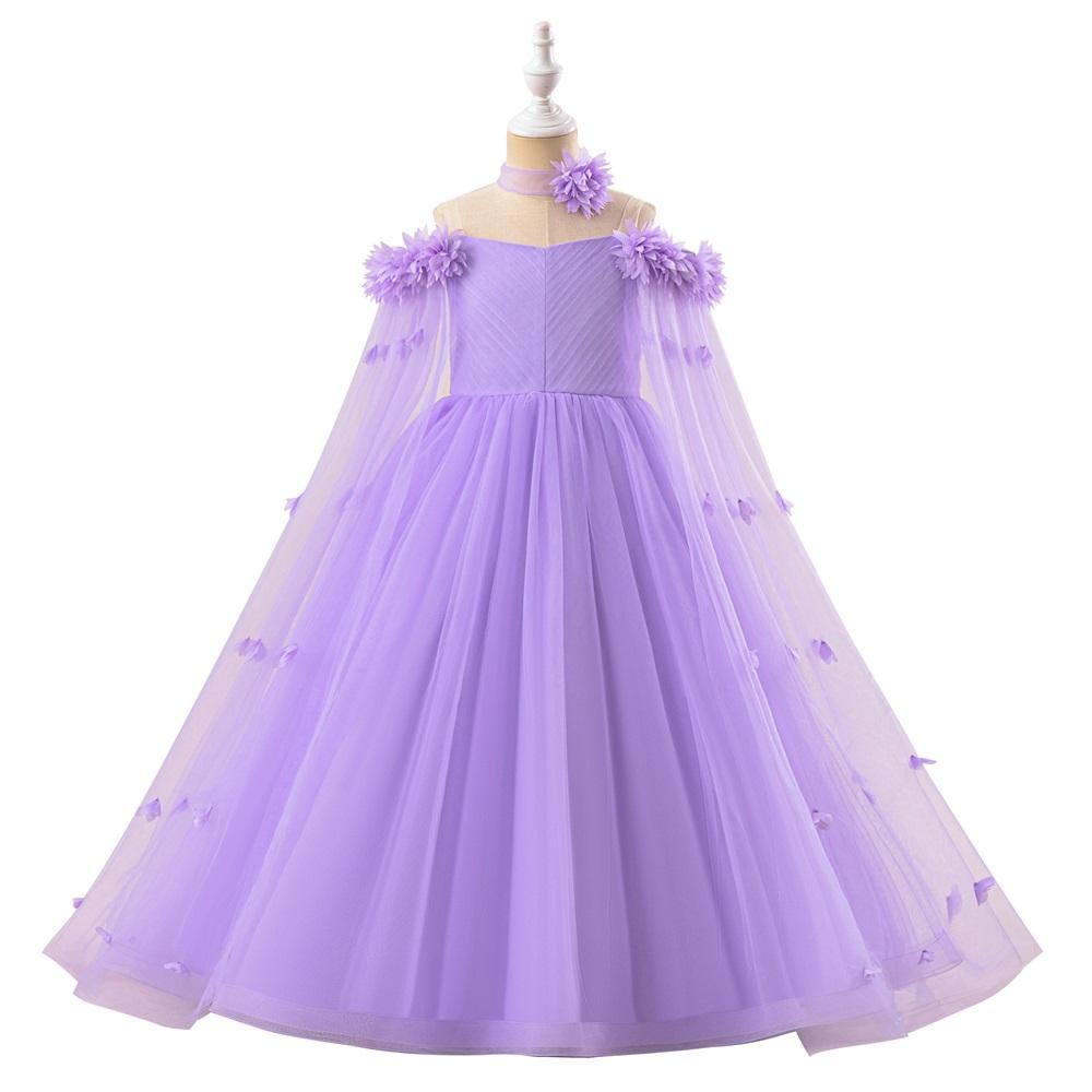 Girls' Off Shoulder Long Cape Dress, Solid Color Mesh Wedding Flower Girl Birthday Party Princess Dress for Young Girl