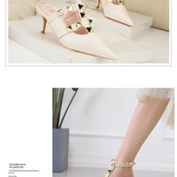 Female Rivets T-strap Sandals Pointy Toe Soft Leather Sexy Women Shoes Comfort 6CM High Heels Ladies Work Dress Shoe