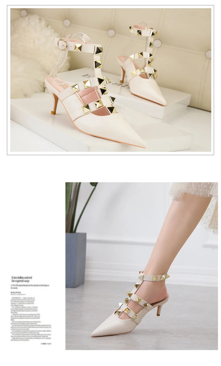 Female Rivets T-strap Sandals Pointy Toe Soft Leather Sexy Women Shoes Comfort 6CM High Heels Ladies Work Dress Shoe