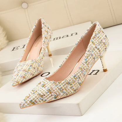 Simple Style New Fashion Sexy Wild Stiletto Metal Heels Pointed Toe Shallow Slim Bling Wedding Women Dress Pumps Shoes