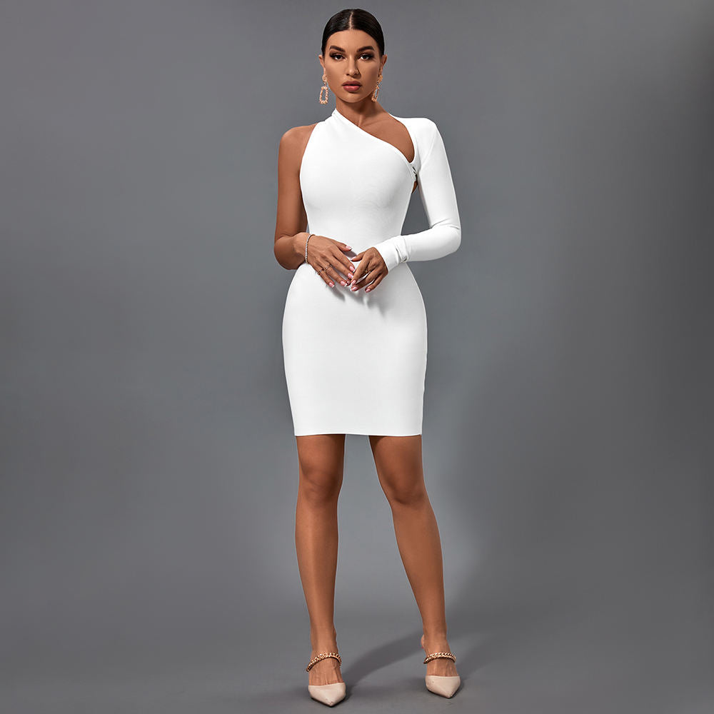 Backless One Shoulder Sleeve Irregular Sexy Hollow Bandage Slim Long Sleeve Dresses