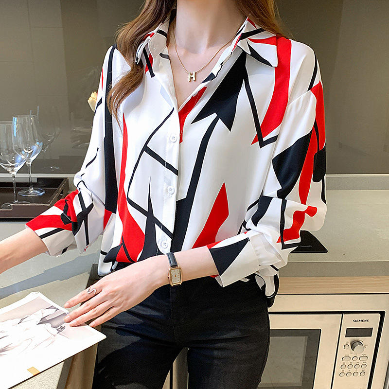 Women Temperament Print Shirt Long Sleeve Fashion Loose Shirts Ladies Lightweight Work Blouse
