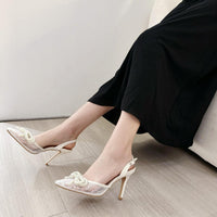 New Fashion Pearl Bowknot Mesh Pointed Toe White High Heels Sling back Sandal Sexy Back Buckle Strap Shoes Women Pumps