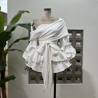 Women's Asymmetric Off-Shoulder Crop-Top Irregular Bow-Waist Puff-Sleeve Party Evening Top