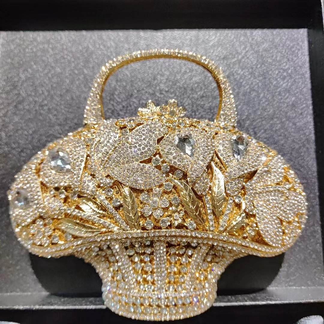 Flower Basket Crystal Evening Bags Women Luxury Designer Elegant Bling Rhinestone Metallic Clutch Purses Wedding Party