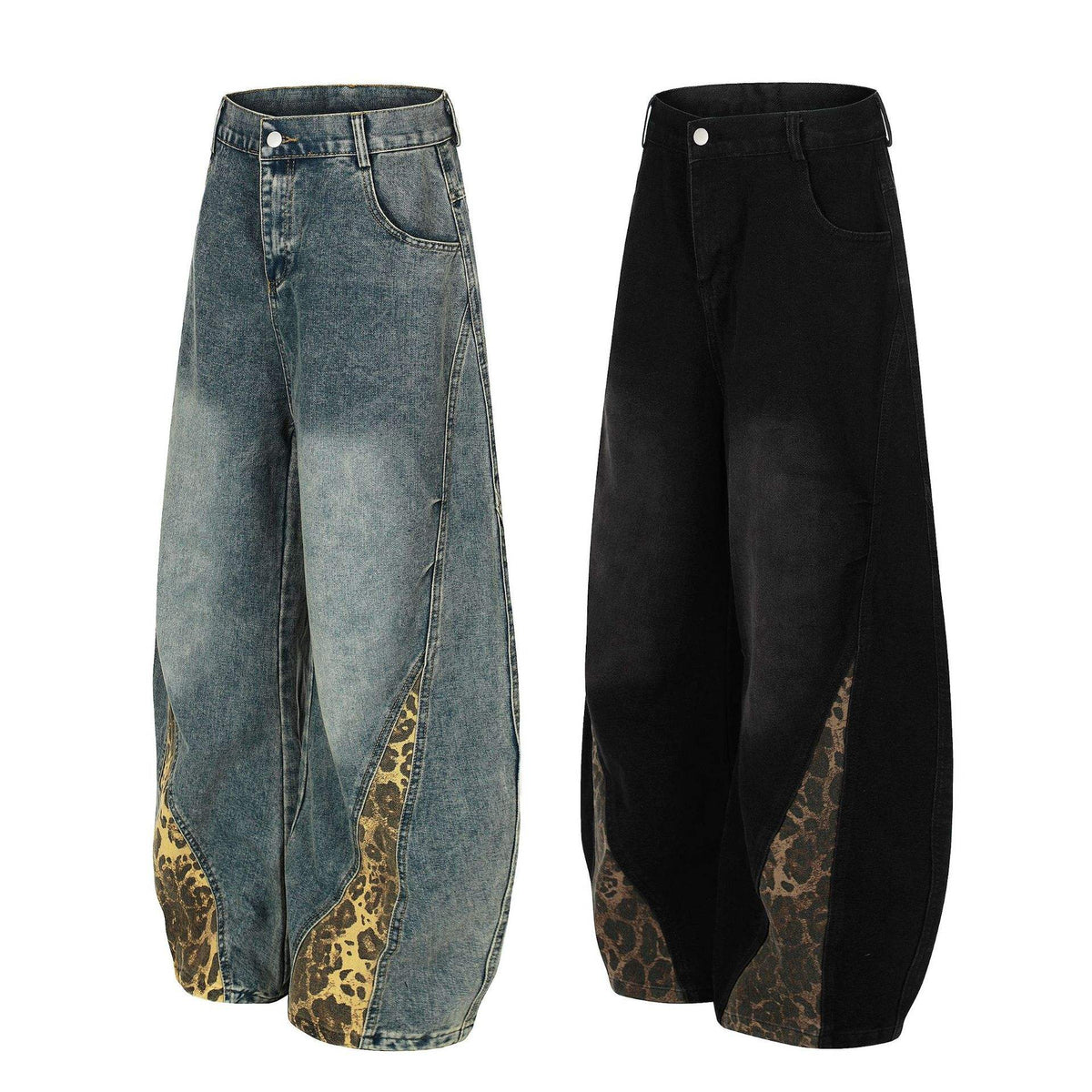 Retro Leopard Print Patchwork Baggy Jeans Women High Waist Wide Leg Washed Denim Pants Trousers Natalia Home Fashion    Natalia Home Fashion