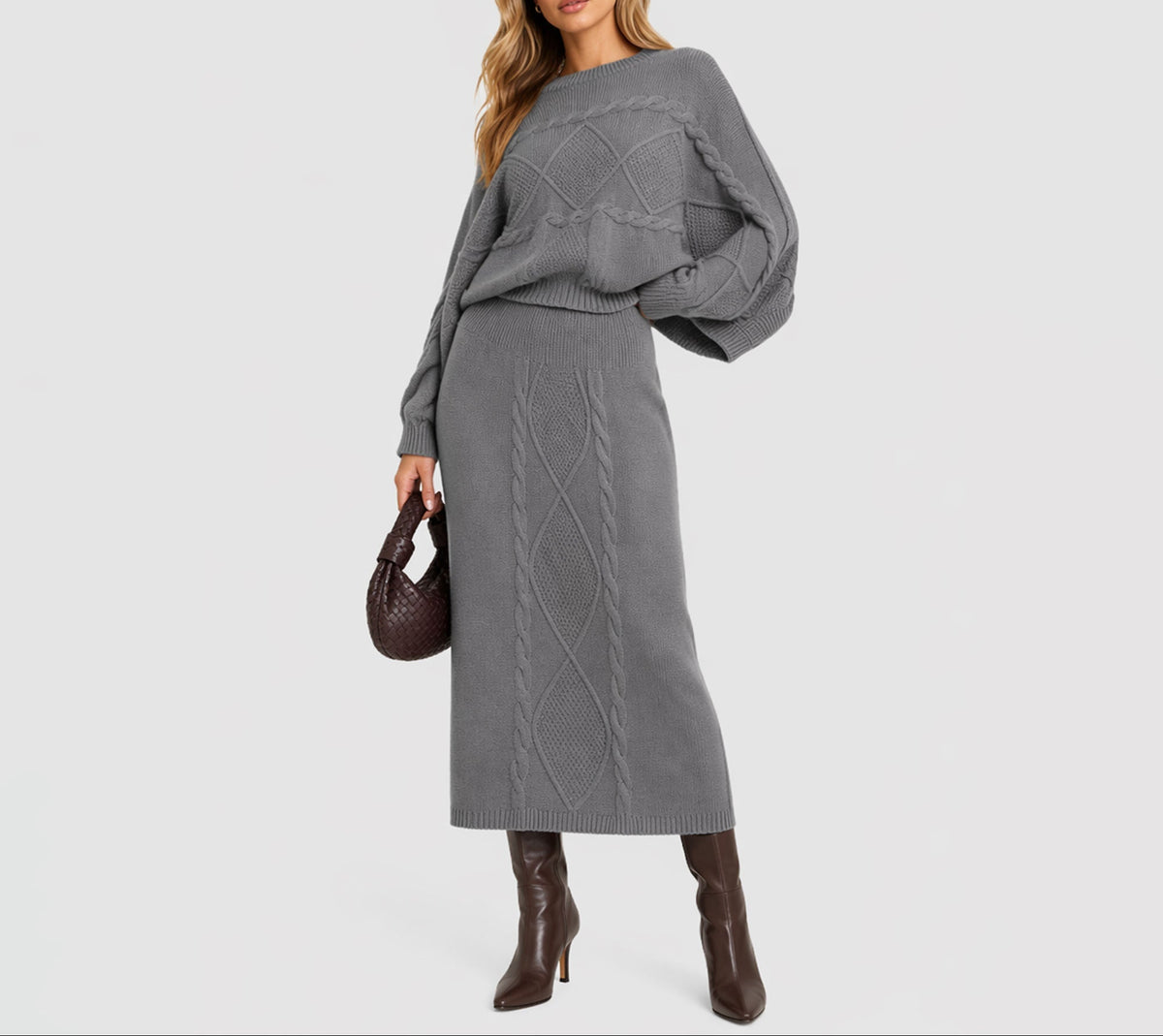 Women's clothing 2-piece set, fashionable twist rope long skirt + crew neck sweater two-piece set Natalia Home Fashion    Natalia Home Fashion