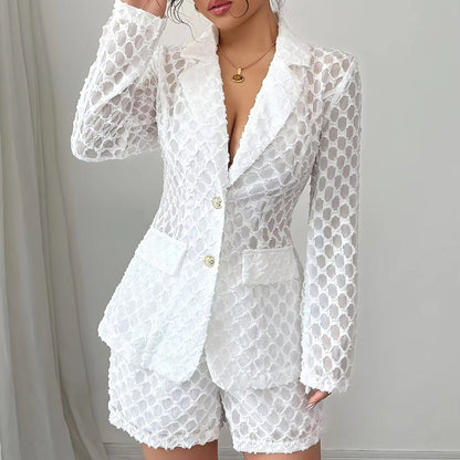 Fashion Lace Women's Set Long Sleeve Blazer and Shorts Suits Sexy Two 2 Piece Set Outfit Casual Evening Wear Suit Natalia Home Fashion    Natalia Home Fashion