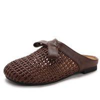 Versatile woven closed-toe sandals with bow and hollow-out design, new summer breathable soft-soled women's sandals