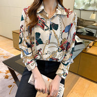 Fashion chain print ladies shirts Spring Women Blouses Long Sleeve Shirts Tops
