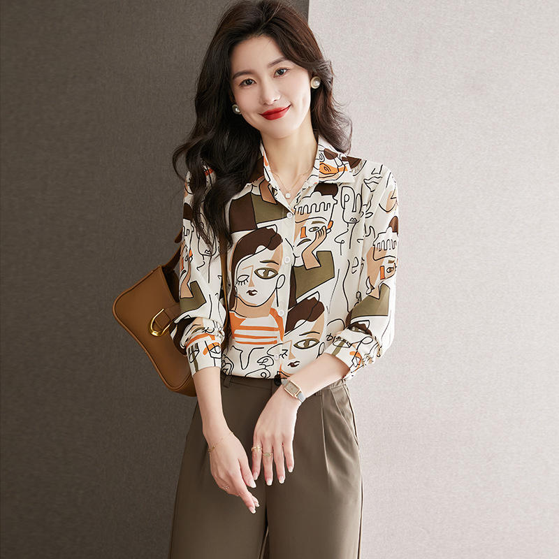 Summer Women Shirt 3D Abstract Line Face Digital Print Long Sleeve Shirt Women Fashion Large Size Lapel Button Down Shirt